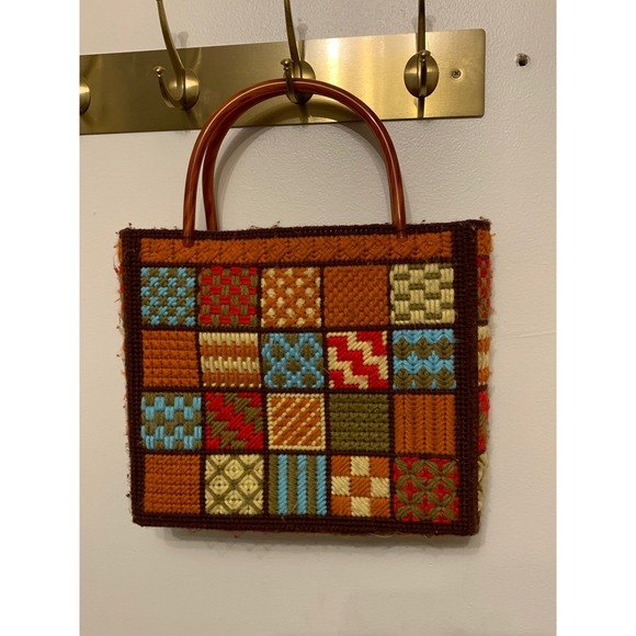 Handbags - Handmade Patchwork knit Tote Bag purse Tortoise Shell Handles Vintage Unique